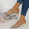 Two-Wear Wrapped Square Heel Slippers Fashion Pointed Toe Sequined Mesh Breathable Non-Slip Wear-Resistant Strap Heels