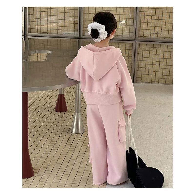 Autumn Winter Teenager Kids Girl Children Set Clothes Loose Sweatshirt Hooded Jacket Pink Wide Leg Pant