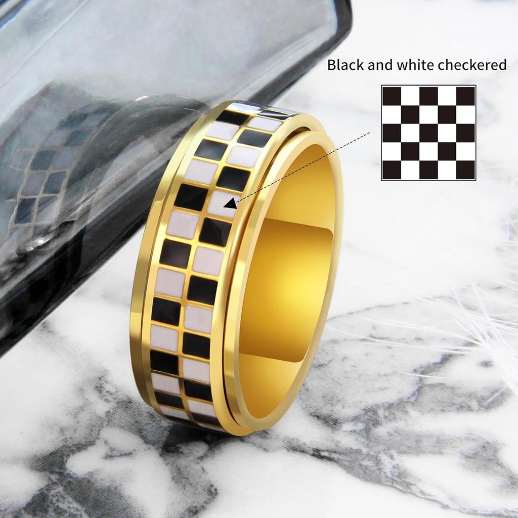 Stainless Steel Checkered Fidget Spinners Rings Black and White Checkerboard Rotate Ring for Stress Relief Spinner Jewelry