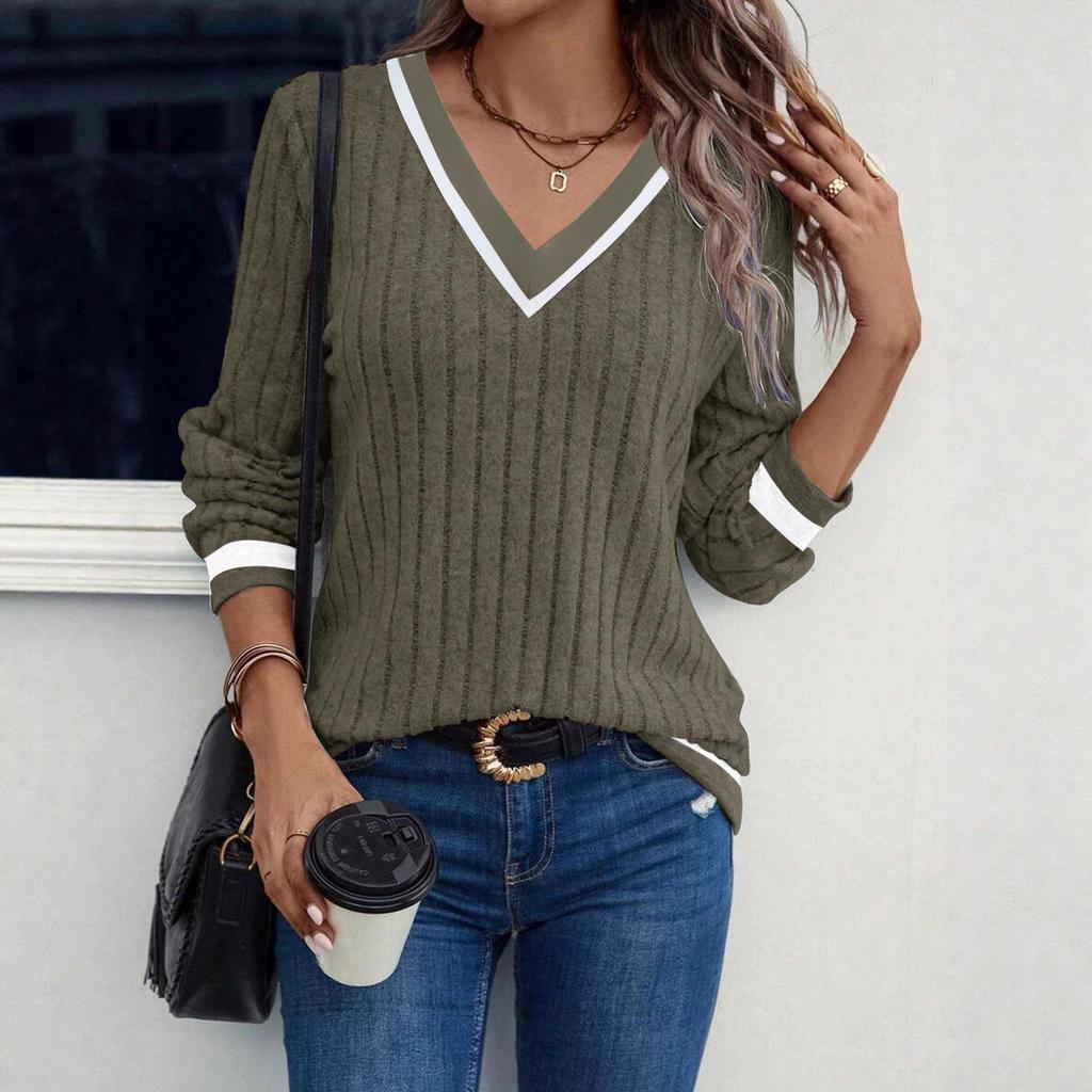 2025 Spring/Fall Women's V-Neck Casual Long Sleeve Patchwork Top