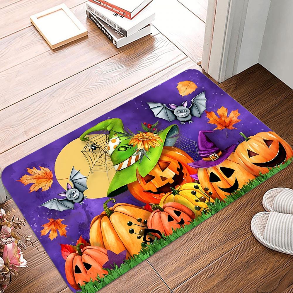 Halloween Pumpkin & Leaf Doormat Non-Slip Machine Washable Polyester Rug For Indoor/Outdoor Carpet For Living Room Bathroom