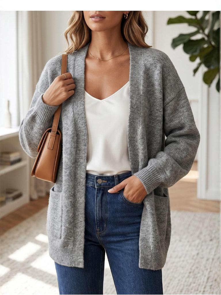 Women's Gray Knit Cardigan - Loose Fit, Long Sleeve, Solid Color, Versatile Winter Sweater