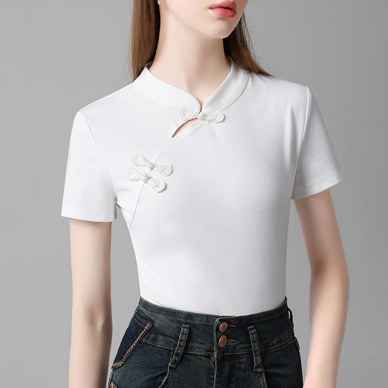 Top cu guler cheongsam cu plăcuță înclinată în stil chinezesc Nou îmbrăcăminte nouă pentru femei, tricou cu mânecă scurtă cu guler în picioare în stil chinezesc pentru femei