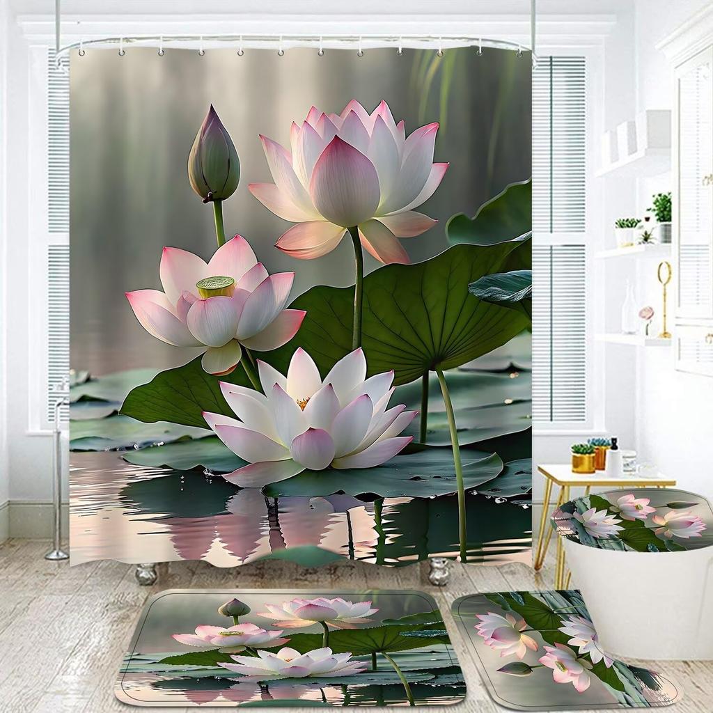 4Pcs Bathroom Shower Curtain Set Lotus  Bathroom Curtain With 12 Hooks Non Slip Rugs Toilet Cover Mat Bathroom Partition