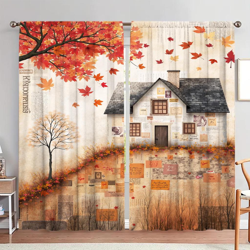 2pcs Autumn Red Maple Leaves Falling House Curtains   Versatile Design Suitable for Any Style   Creating a Peaceful Living Space