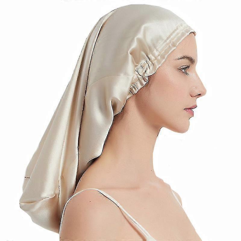 100% Maulbeerseide Nachtmütze für langes Haar, lange Seidenhaube Schlafhaube (Beige)