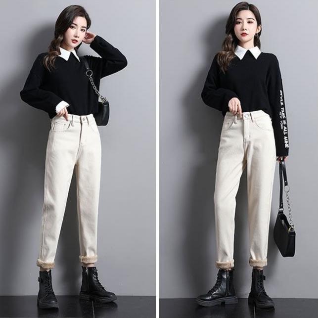 Women's Fleece-Lined Jeans High-Waist Slim Plus Velvet Harem Jeans Autumn and Winter Stretch Skinny Jeans