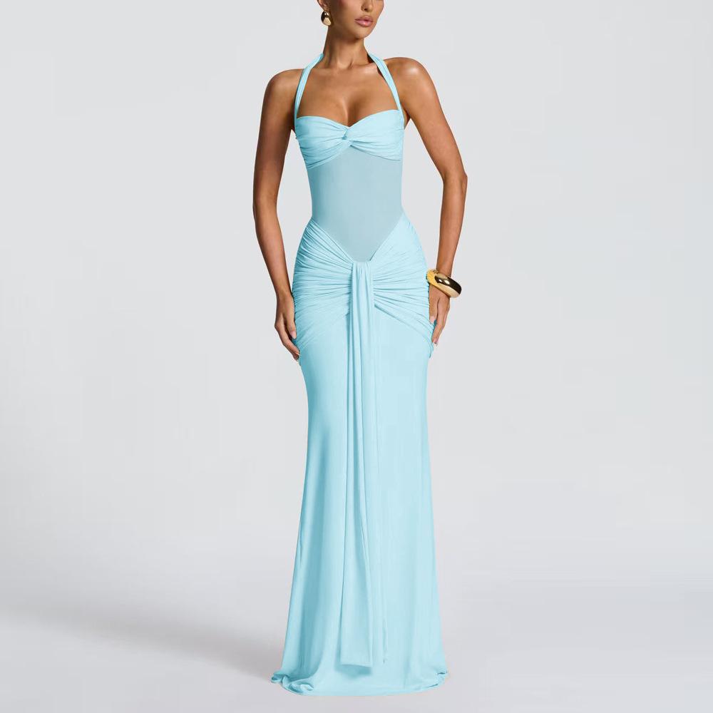 Mesh Patchwork Lace-Up Long Dress