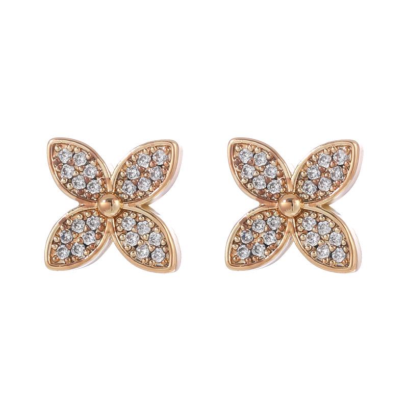 Gold-Plated Four-Leaf Clover Zirconia Stud Earrings, Simple Design, Light Luxury Fashion, High-End Full Diamond Accessories