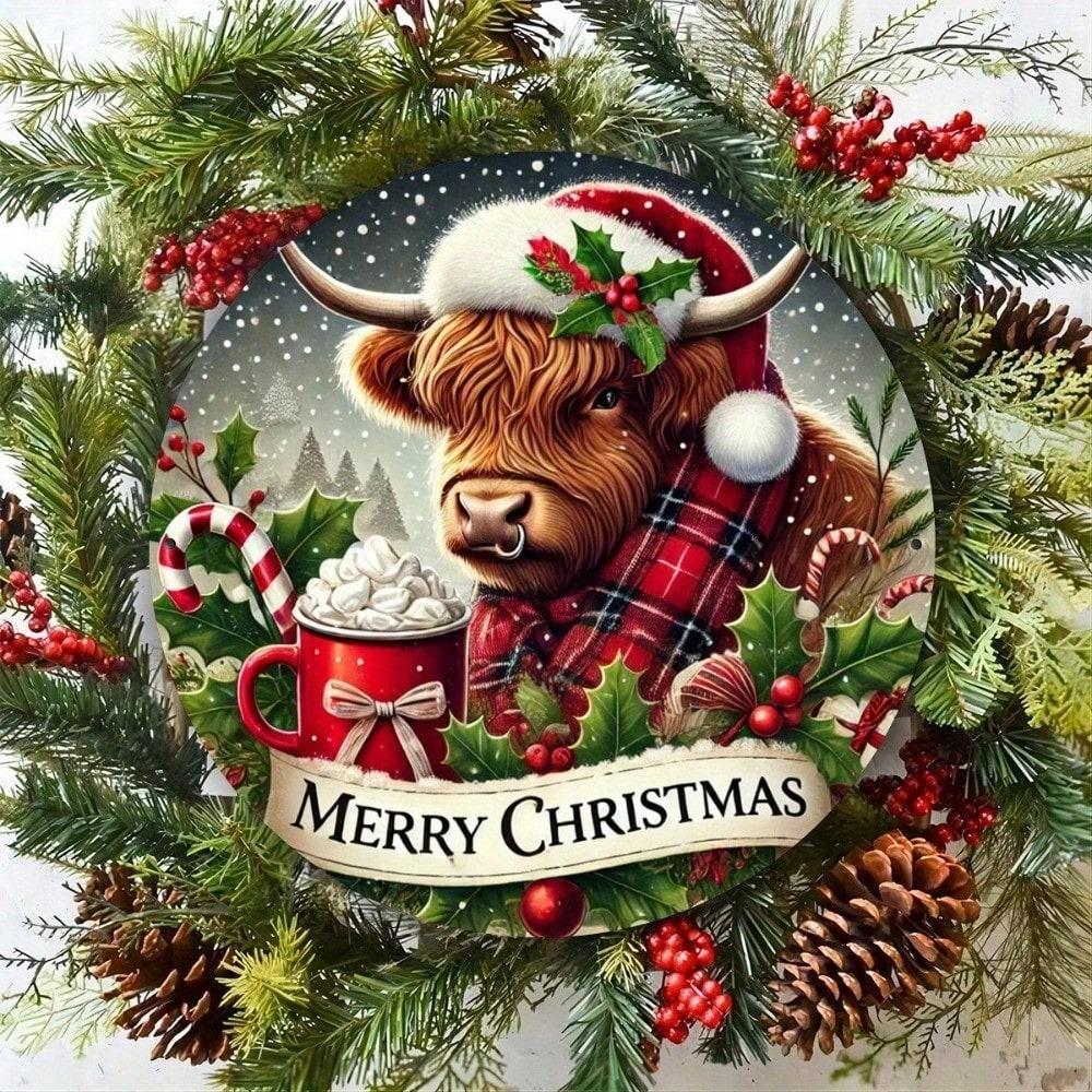 2D Flat Holiday Cow Metal Wall Art, Round Aluminum Sign For Home Door Porch Living Room