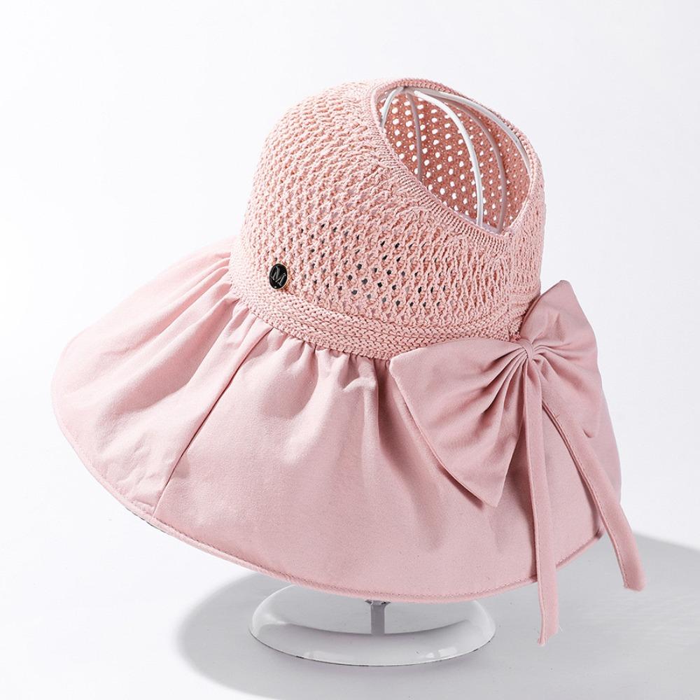 Sunscreen Wide Brim Bucket Hat Bow Vinyl Sun Hats Retro Woven Empty Top Cap  Summer