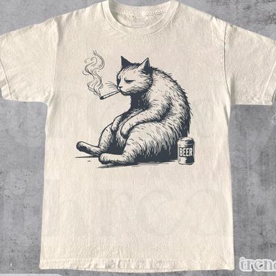 Smoking Cat Shirt, Funny Cigarette & Beer Cat Tshirt, Gen Z Joke Tee, Funny Brainrot Gift For Cat Lovers