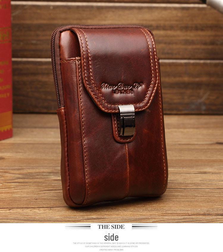 Xiaoduoli Men's Genuine Leather Mobile Phone Waist Bag - 5.5/6 Inch Cowhide Retro Mini Belt Bag