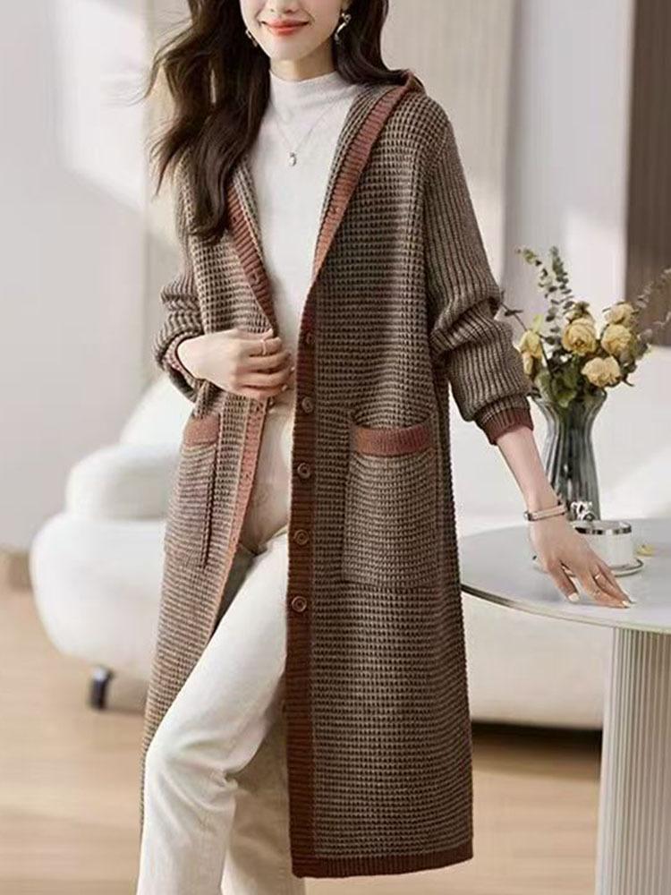 Women's 2026 Winter Korean Style Color Block Hooded Wool Cardigan Sweater Coat
