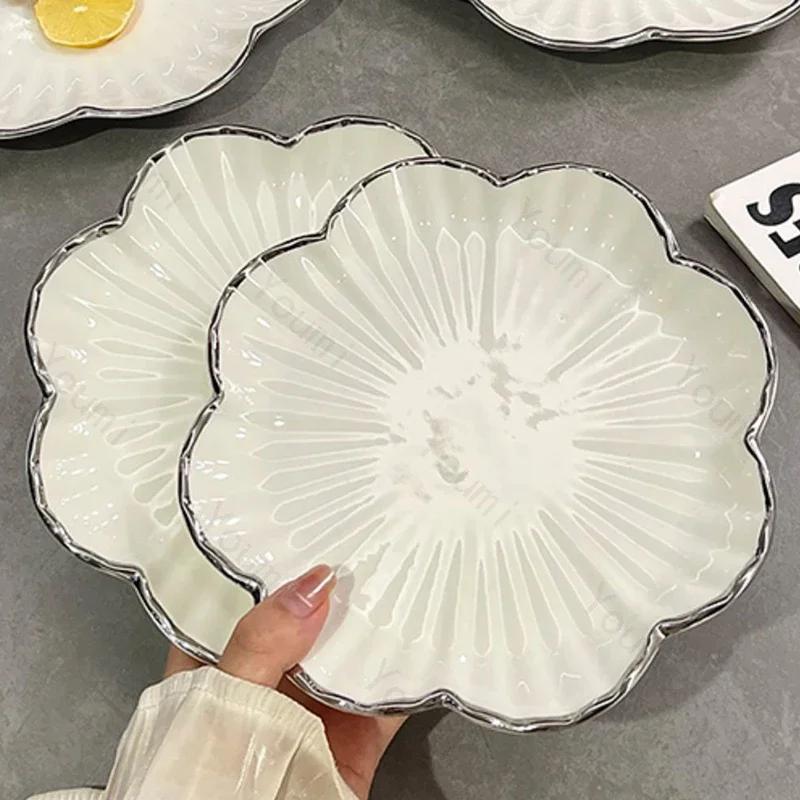 High End Solid Color Ceramic Plates Light Luxury Silver Edge Exquisite Dining Plate Household Delicious Dishes Plate Tableware