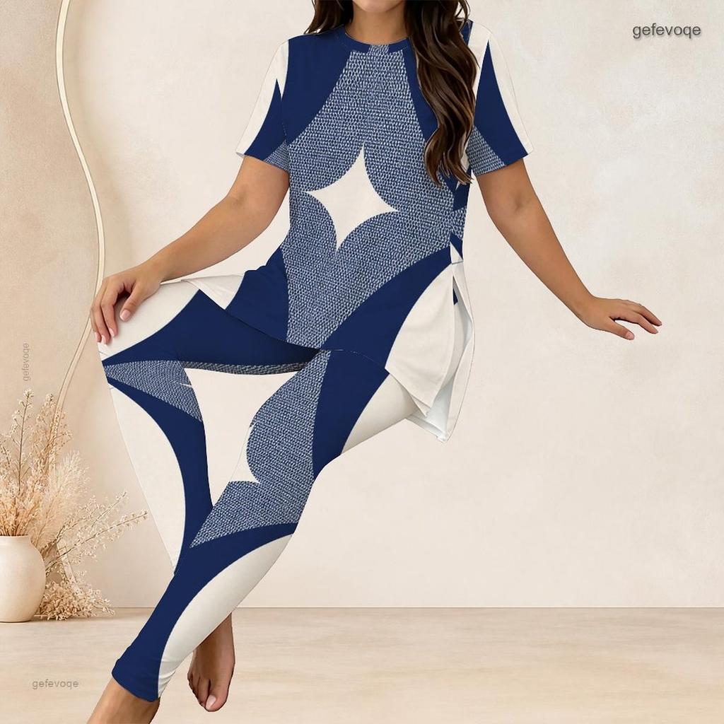 Women Plus Size White Printed Two Piece Outfit Round Neck Short Sleeve Longline Top Fitted Long Pants