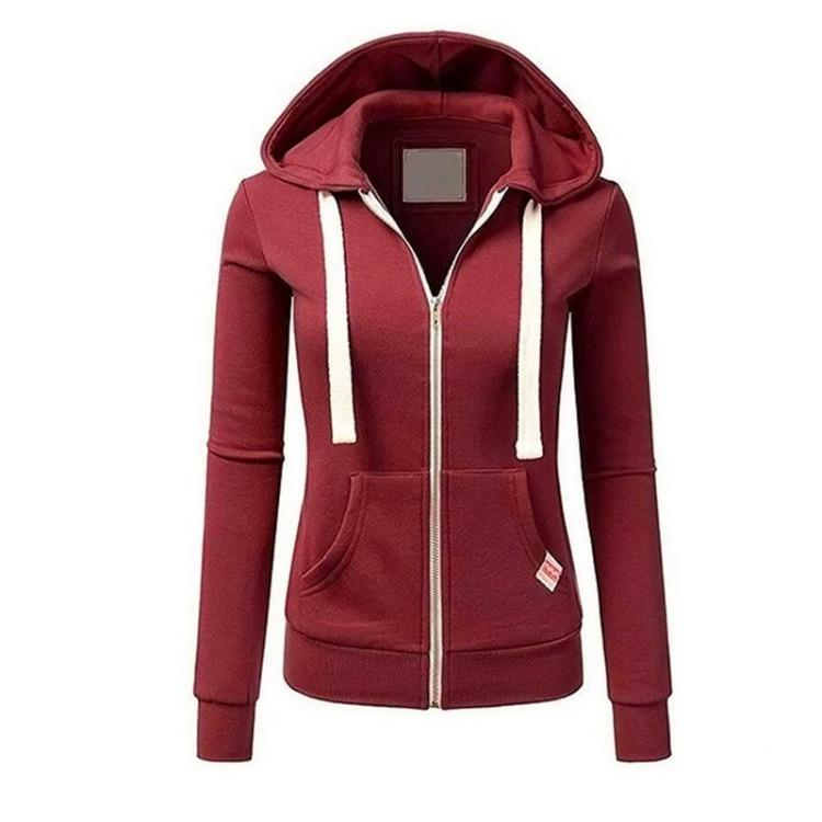 Women's Casual Solid Color Sports Hooded Zipper Jacket Sweatshirt Cardigan Top