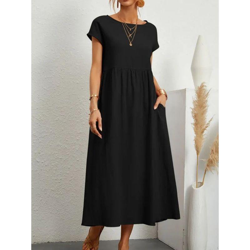 Solid Color Loose Dress with Pockets Pure Color Ribbon Pocket Loose Dress