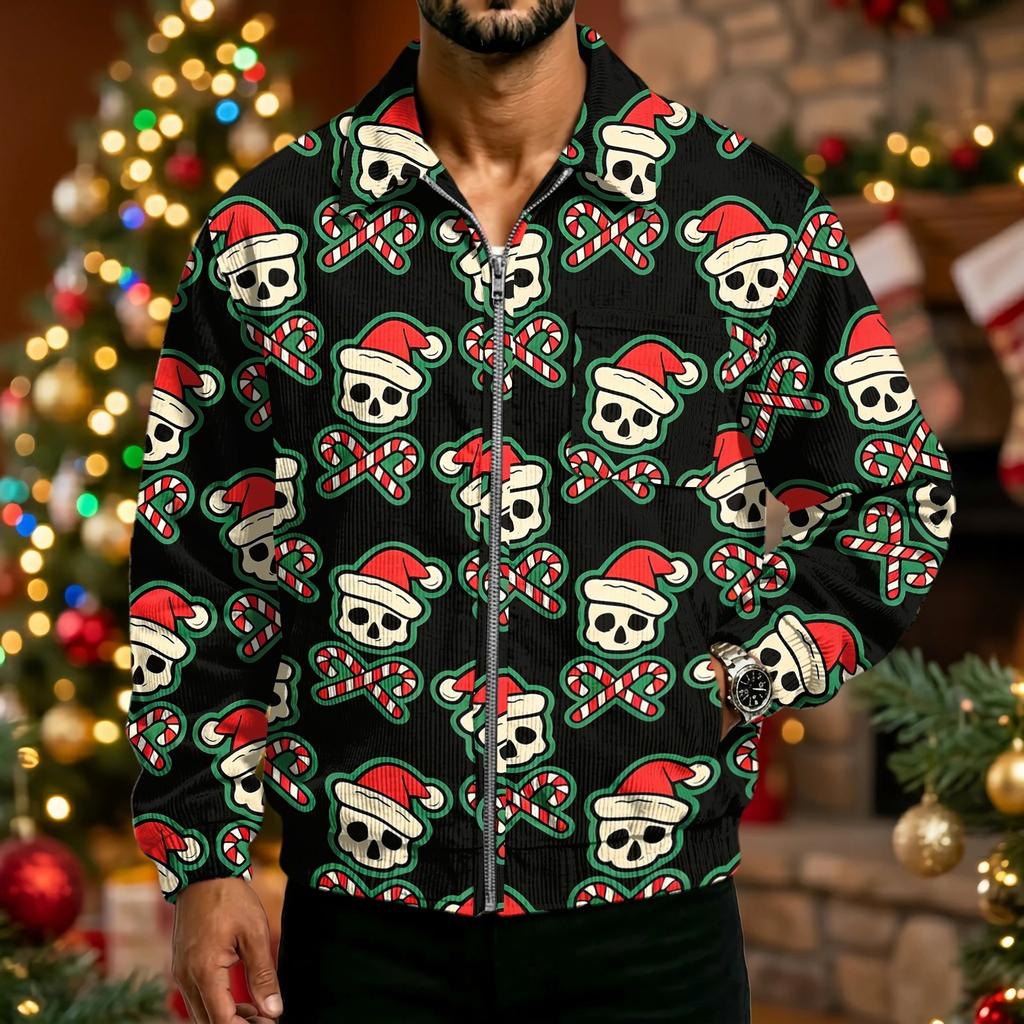 Herren Casual Cordjacke mit Taschen Reißverschluss Langarm Oberbekleidung Weihnachtsdruck