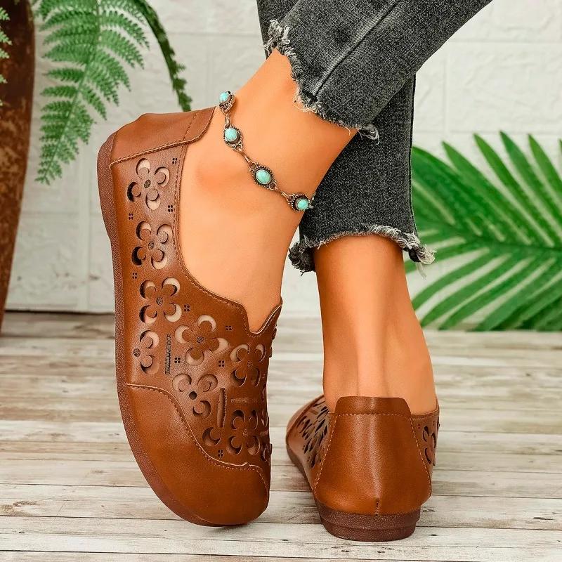 Fashion 2025 Summer Round Toe Slip on Women's Soft Bottom Flats Classics Outdoor Flats for Women Hollow Daily Plus Size Hot Sale Shoes
