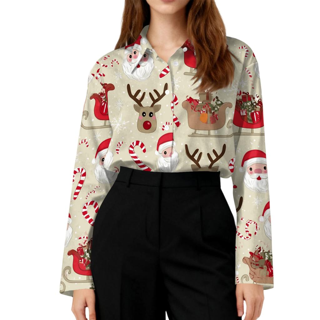 Women's Casual Christmas Print Long Sleeve Cardigan Top for Holiday Festive Wear