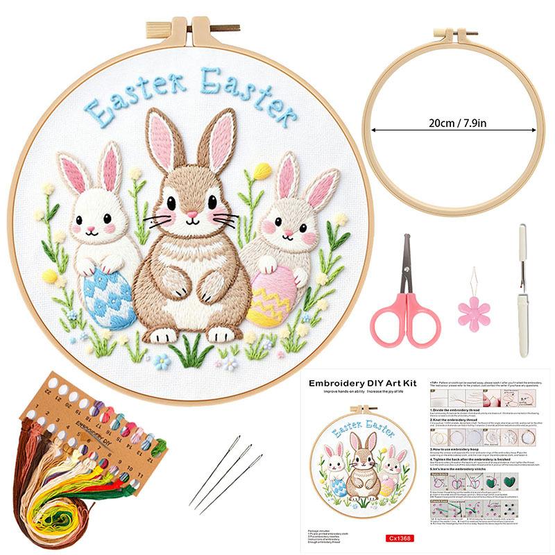 Easter Embroidery Kit for Beginners, DIY Hand Embroidery Set with Bunny Egg Floral Patterns, Including Hoop Thread Needles, Easter Craft Sewing Gift