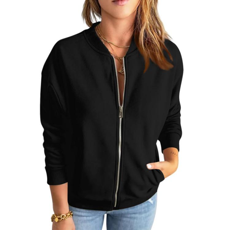 Fashionable Casual Jacket Women Solid Color Zipper Top Outerwear