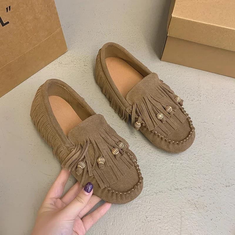 Fashion Flats Luxury Summer All-match Flat Bean Shoes Slip-on Lazy Women's Shoes Soft Soles Shallow Mouth Retro Tassel Women's Shoes