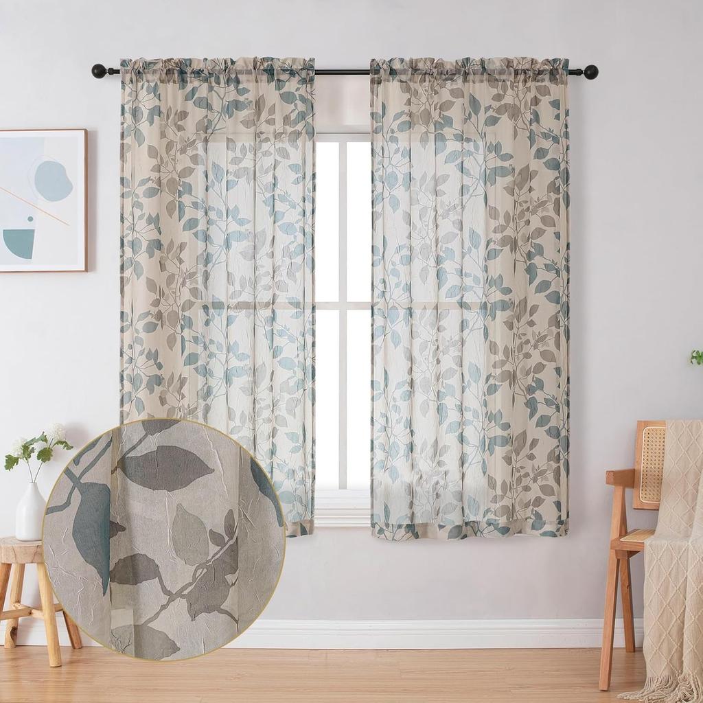 OWENIE Floral Sheer Curta with Pattern 63 Inches Long 2 Panels Set for Living Room Bedroom, Sheer Floral Curta with Printing Leaf Design Rod Pocket