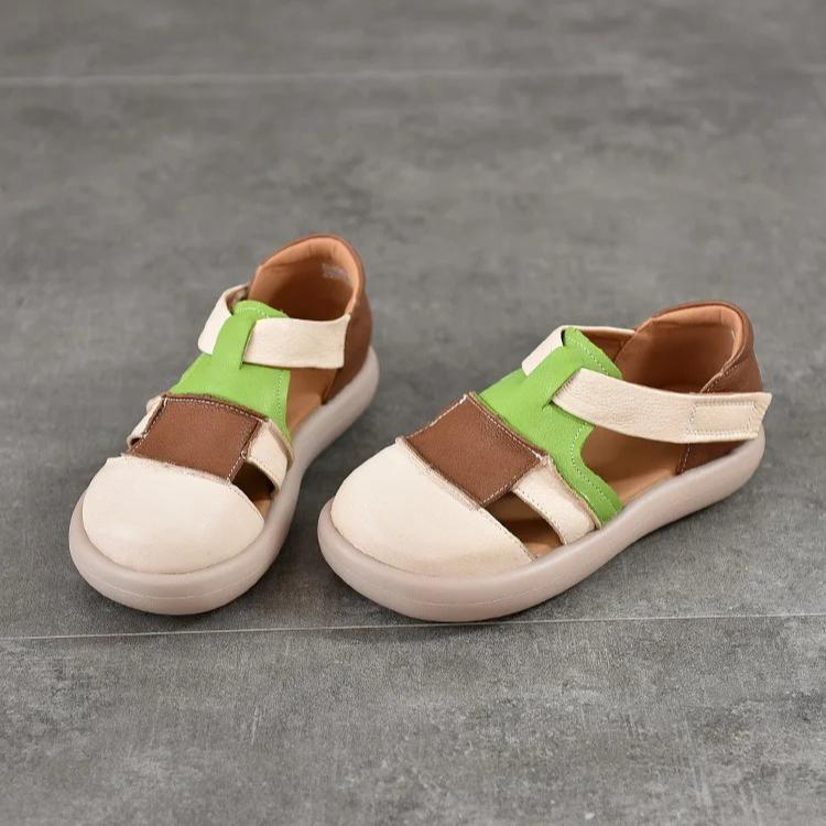 Johnature Genuine Leather Mixed Colors Hollow-out Sandals Casual Round Toe Thick Soled Women's Shoes