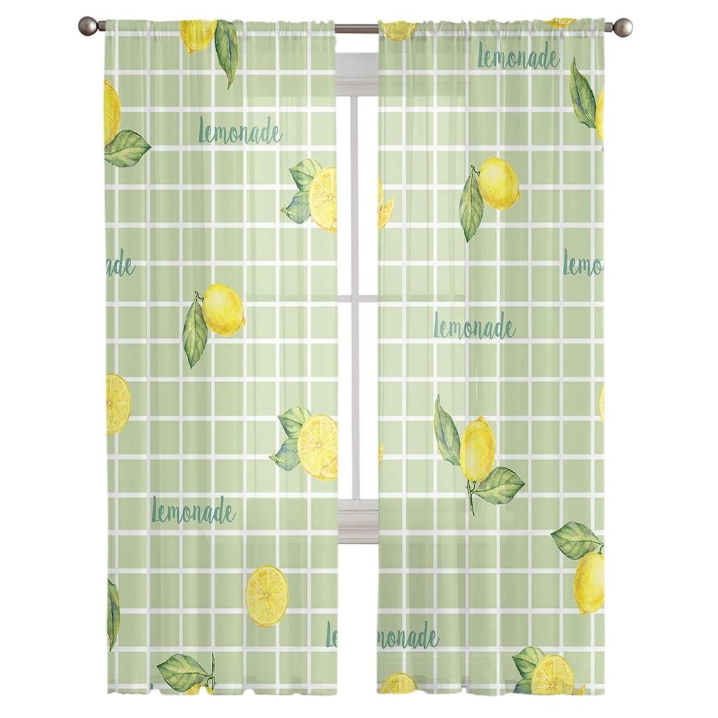 Karierte Buchstaben, Zitronenblätter, transparente Vorhänge für Wohnzimmer, Schlafzimmer, Kinderzimmer, Tüll-Fenstervorhänge