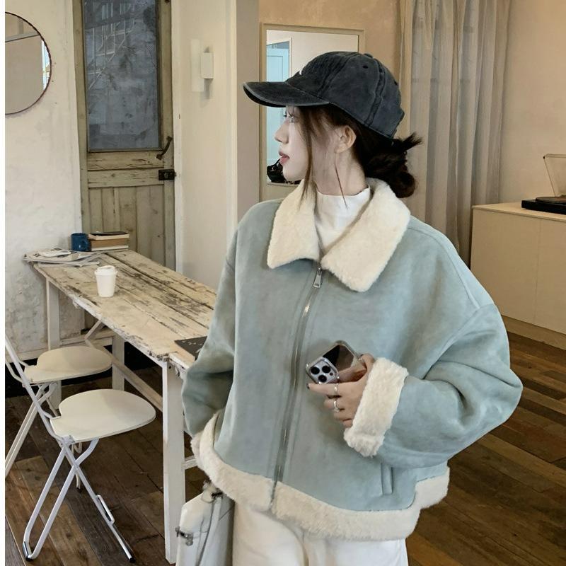 Lapel Deerskin Fleece Fur One-piece Jacket Women's Winter Thickened Warm Fashion All-match Short Top