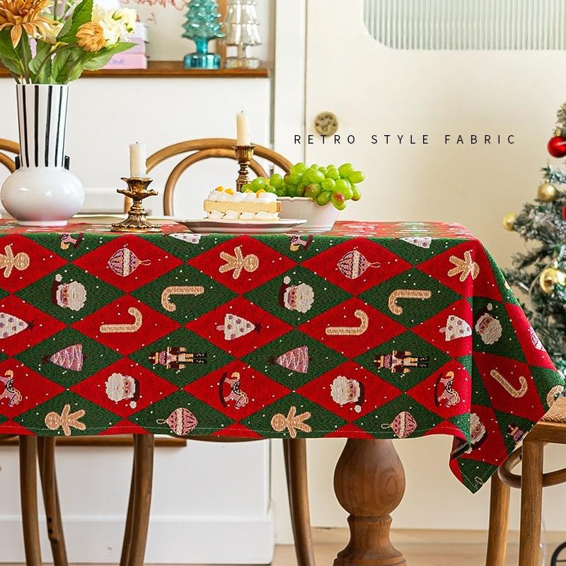

Christmas Decoration Tablecloth Jacquard Santa Claus Polyester Linen-like Red Green Table cover for Home Party Dining Decor 140x140CM