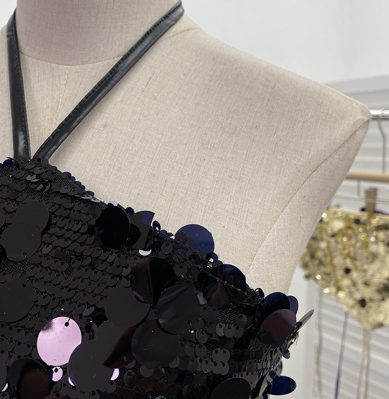 Halter Crop Top with Sequins and Open Back (Style 1083)