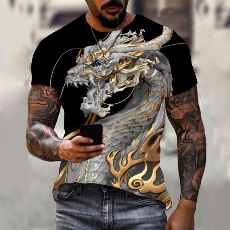 Summer Round Neck 3D Dragon Print Top Fashionable Casual Short Sleeved Men's T-shirts