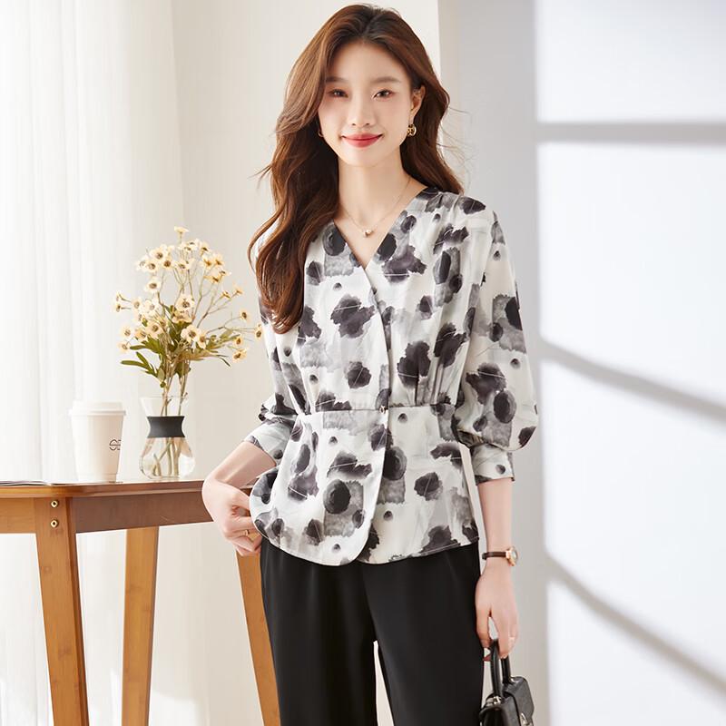 Women's Floral V-Neck Long-Sleeve Business Shirt