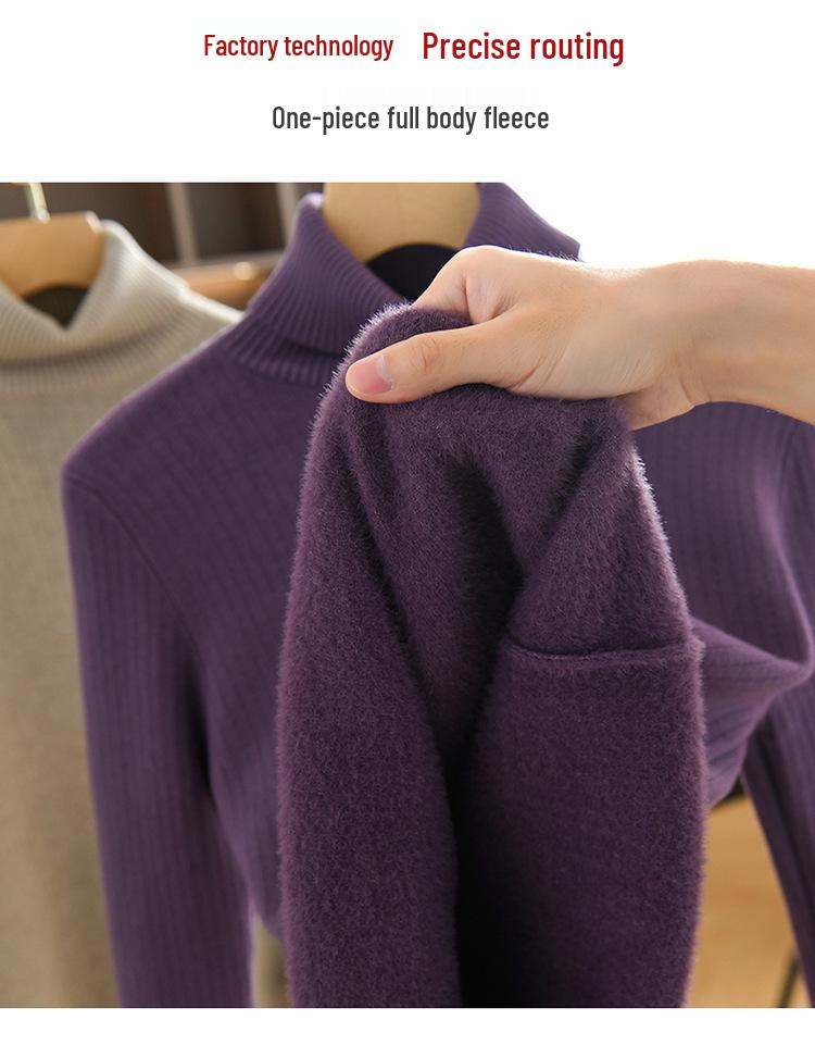Ladies' 2023 Winter Velvet High-Neck Thick Sweater - Solid Color Long Sleeve Pullover Base Layer.