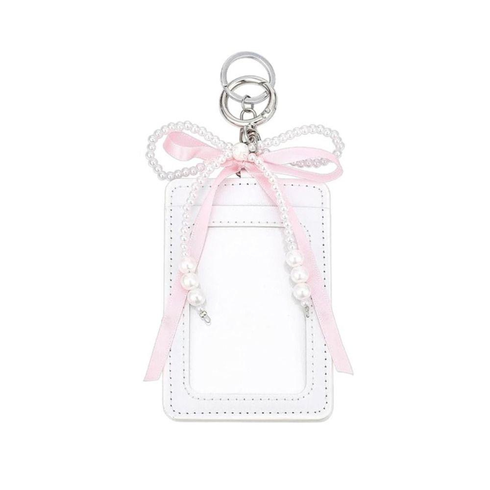 Estiloso Estilo INS Fofo Porta-Cartão Fotográfico Decorativo Protetor Estojo para Cartão Fotográfico de Meninas Estojo para Cartão de Identificação PU Macio Laço de Pérola Cartão Bancário