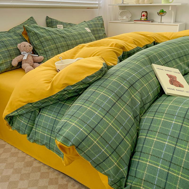 Simple Pure Cotton Four-piece Set Plaid Pure Cotton Bed Sheet Quilt Cover Bed Sheet Type Pure Cotton Dormitory Three-piece Set