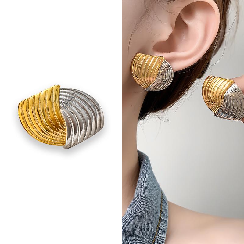 High-End Gold-Tone Fan-Shaped Stud Earrings with Symmetrical Texture