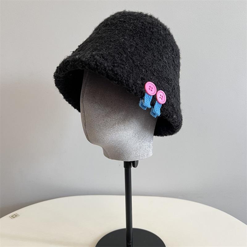 Wool Loop Yarn Thickened Bucket Hat Cute Button Shelf College Wind Small Fresh Warm Fisherman Hat
