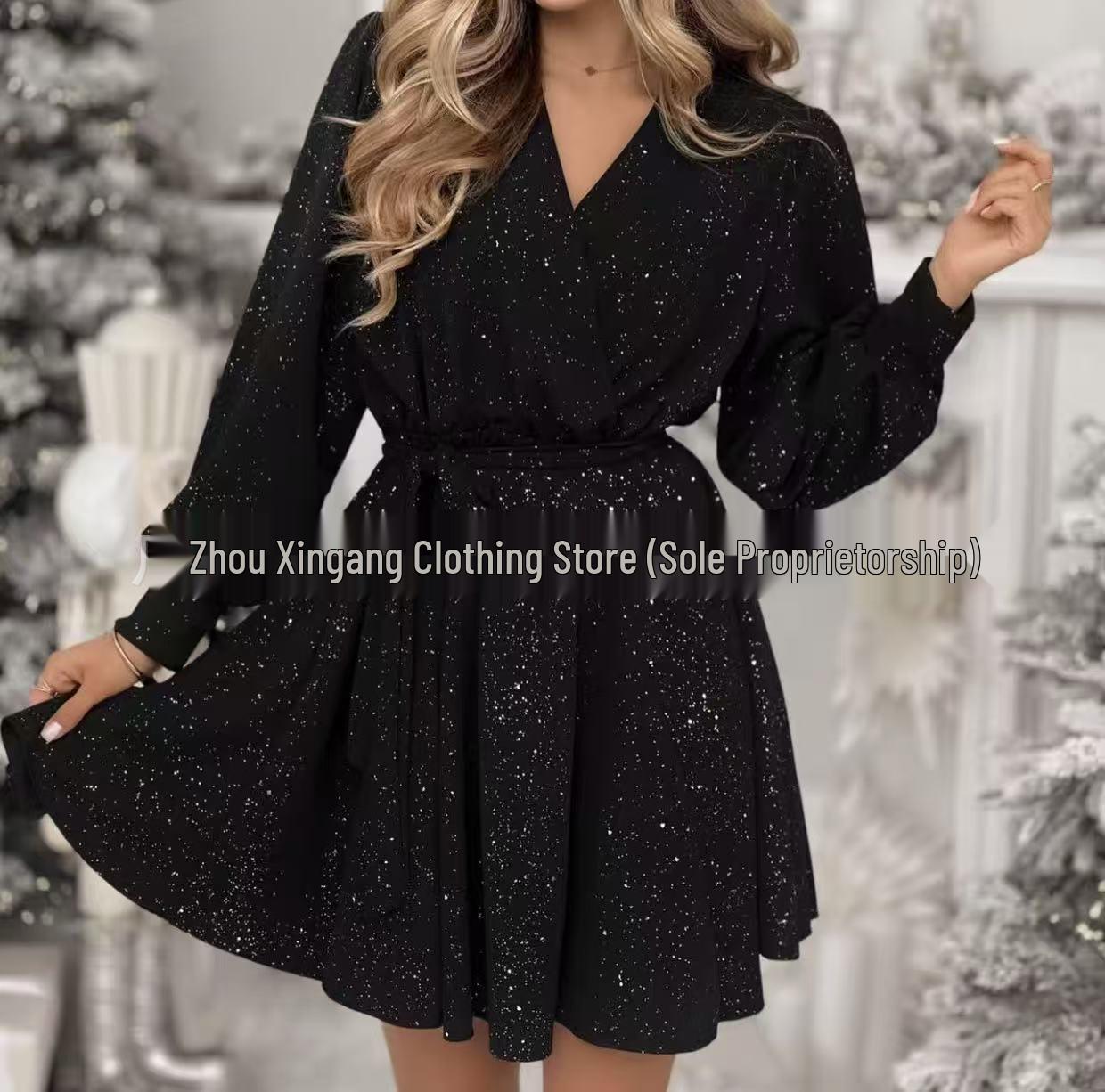 

Stylish Sequin Waist-Cinching Belt Dress - Sexy Slimming Fashion Large чёрный