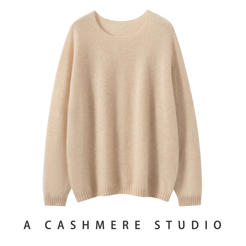 Women's Round Neck Versatile Cashmere Sweater - Solid Color, Long Sleeve, Fashionable Lazy Style for Spring, Autumn, and Winter