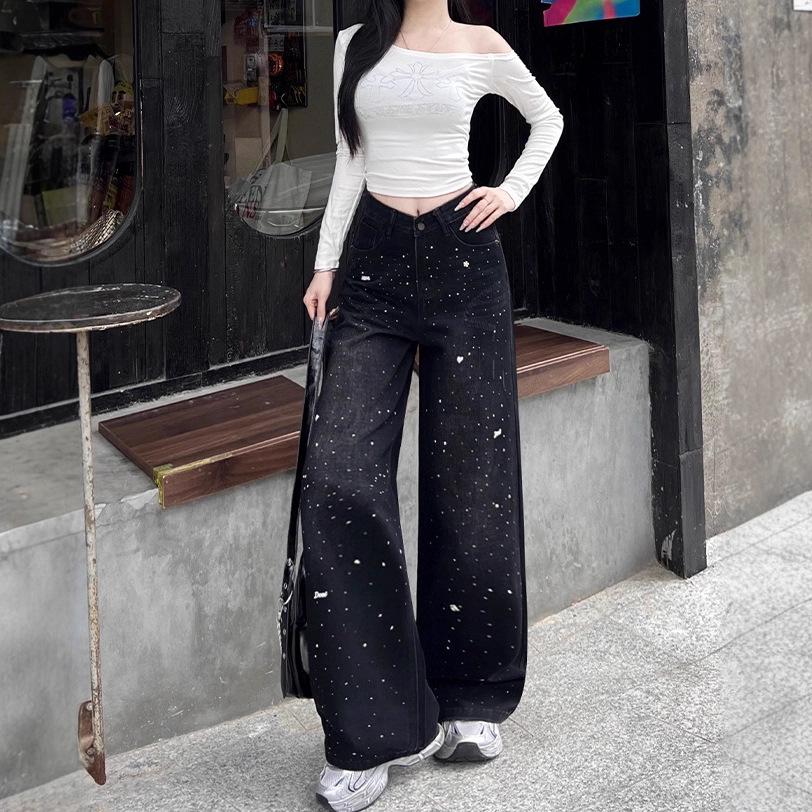 Women's Starry Sky Plush-Lined Denim Pants for Fall/Winter Fashion