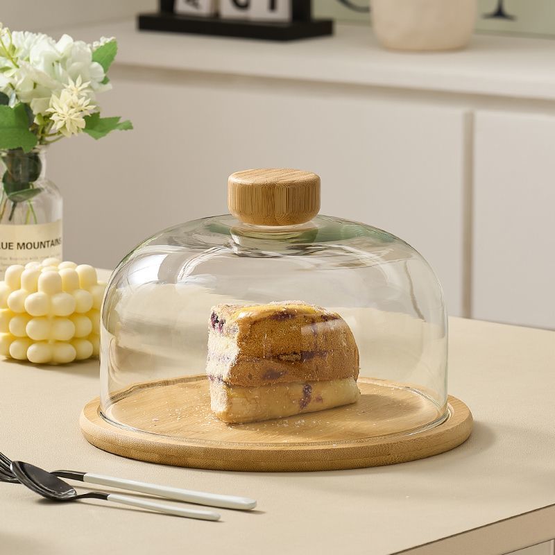 Simple Wood Round Fruit Dessert Tray Retro Bamboo Wood Cake Tray Home Living Room Table Fruit Snack Dessert Plating Glass Cover