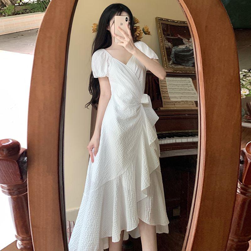 

Summer plus Size Women s Clothes Gentle White Niche Style V Neck Texture Tied Lotus Leaf Waist-Tight Slimming Elegant Long Dress White L(Plus size L)