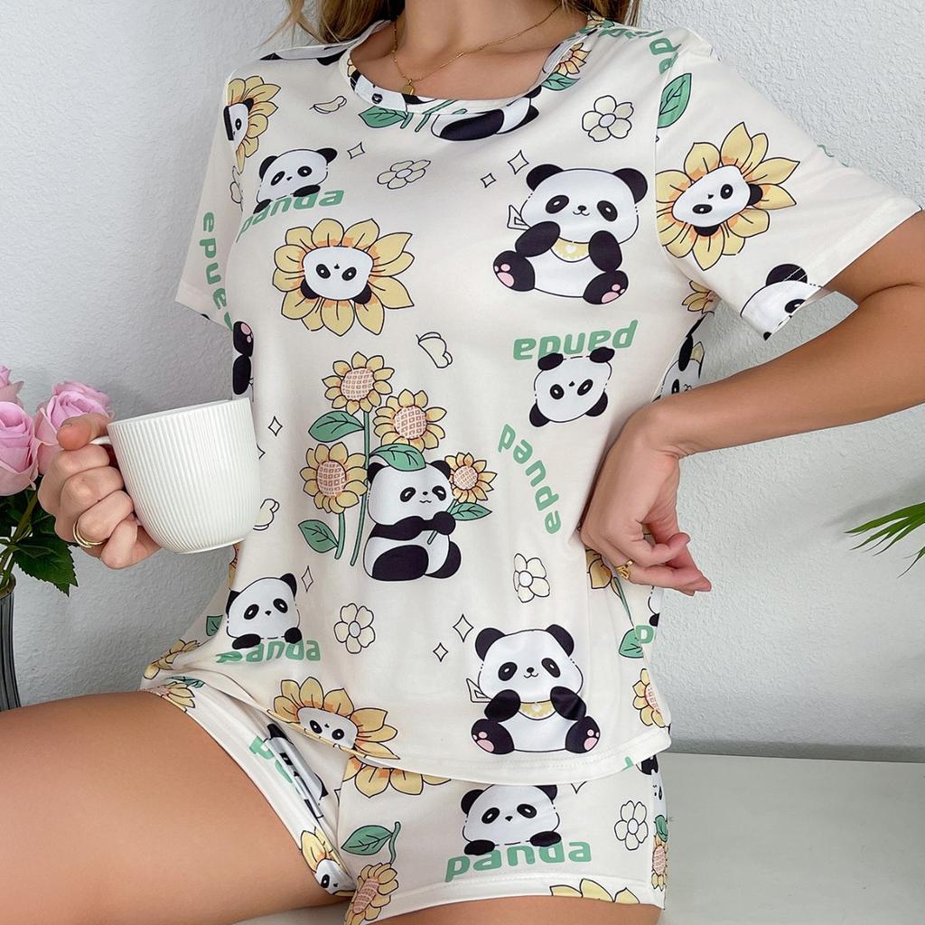 Letni uroczy kreskówkowy nadruk pandy Cienki zestaw piżamy dla kobiet Odzież domowa Seksowny luźny top z krótkim rękawem i szorty Zestawy 2-częściowe Pijamy Odzież do spania