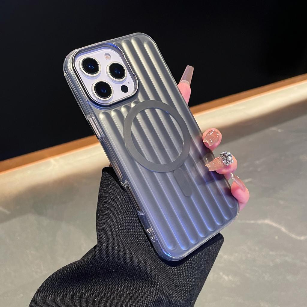 Frosted PC Stripe For Magsafe Magnetic Phone Case For iPhone 16 15 14 Pro Max 13 Wireless Charging Corrugated Shockproof Cover
