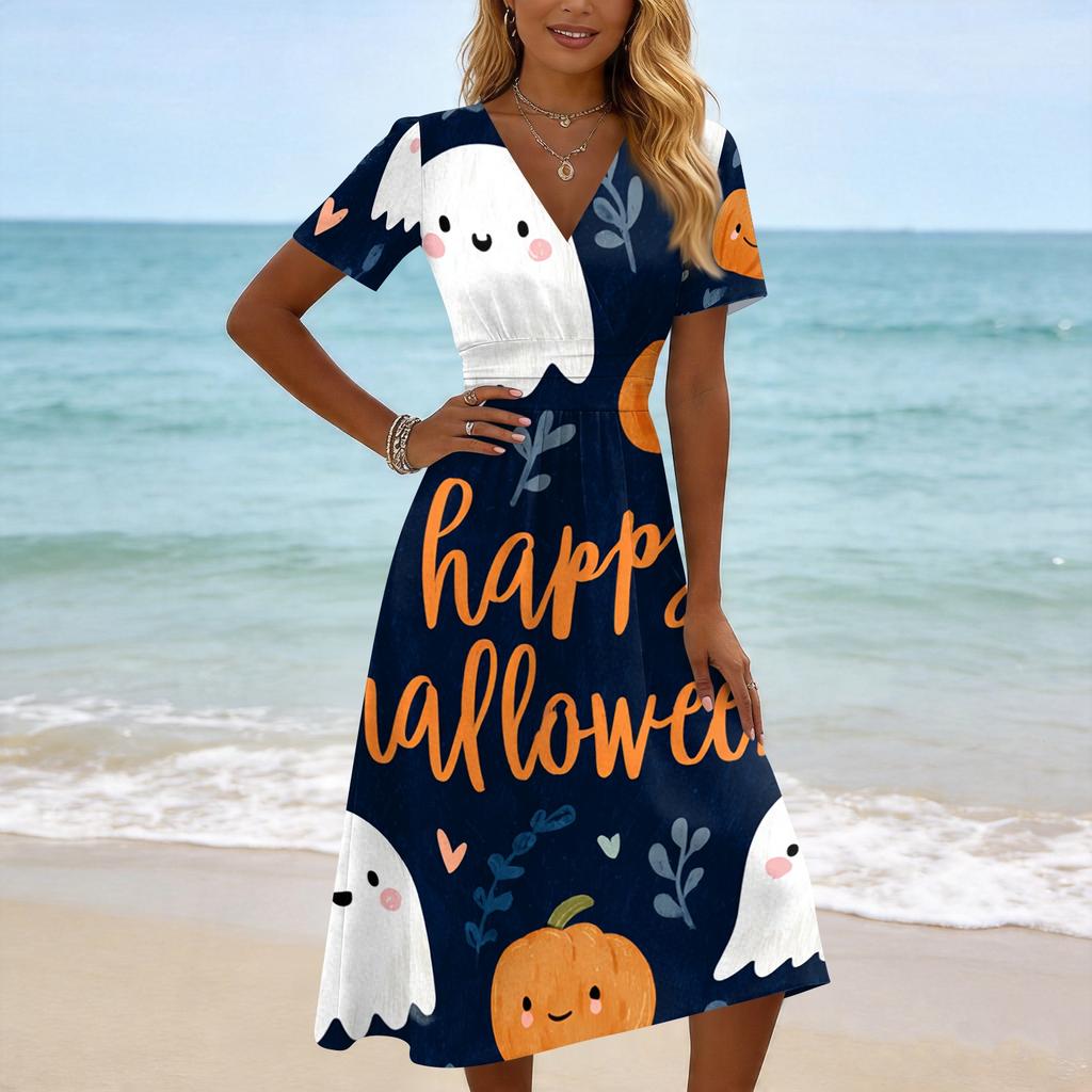 Women Casual Halloween Print V Neck Short Sleeve Dress Midi Length A Line Silhouette Comfortable Fit