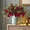 Holiday Artificial Bouquet: Pine Needles, Red Berries, Poinsettia, Faux Flowers for Christmas Home Decor